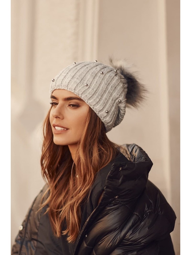 Warm hat with beads and pompom, light gray C64 - Online store - Boutique